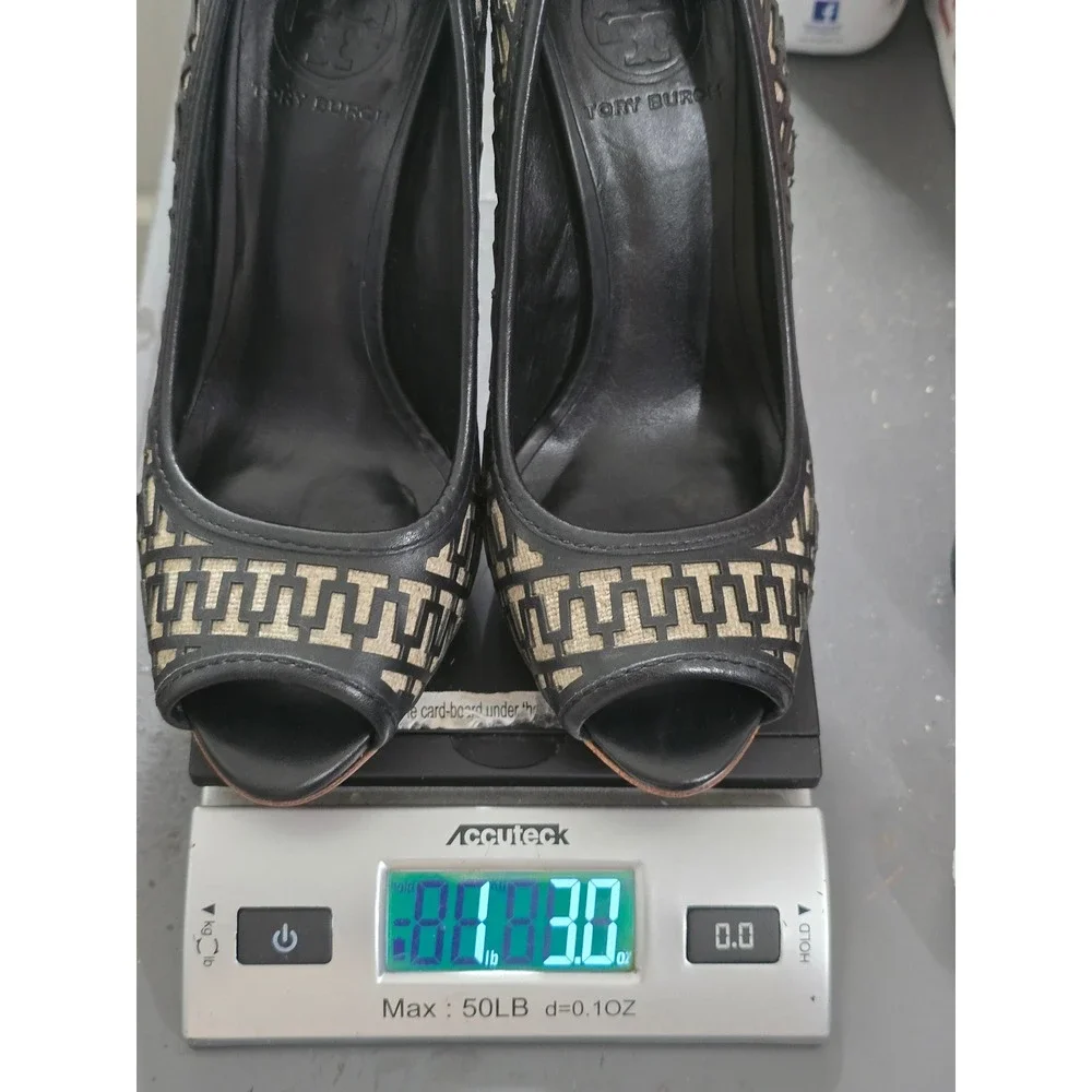 Tory Burch Black Leather Logo Laser Cut Peep Toe Platform Pumps Heels 6.5M